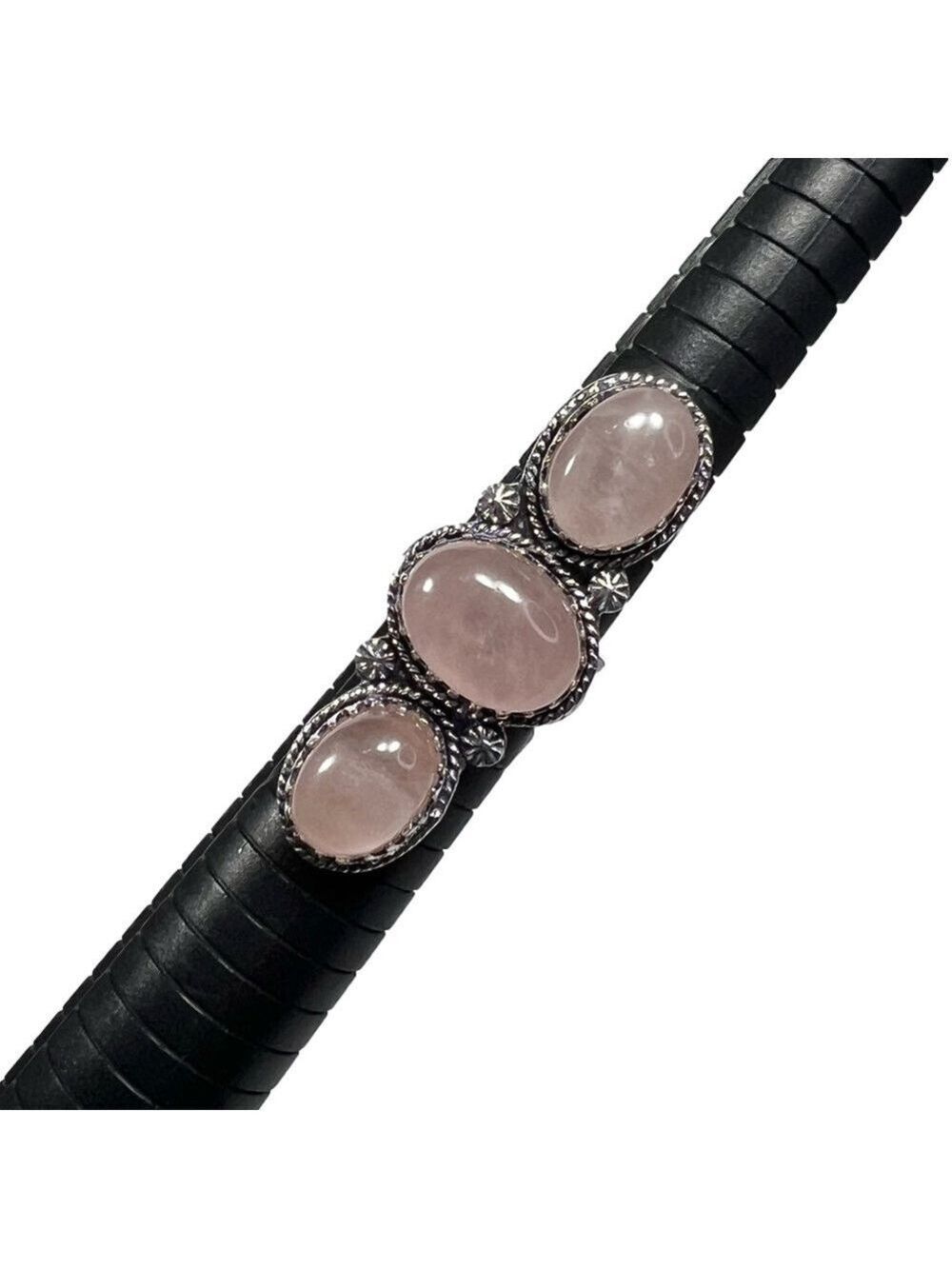 Rose Quartz 925 Triple Stone Gemstone Silver Ring 7.5